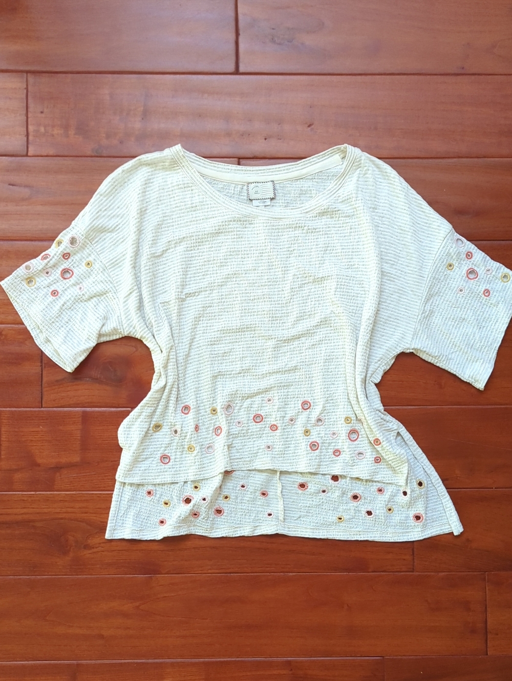 Anthropologie Light Cream Beige Stripes Short Sleeve Eyelet Embellished Tshirt